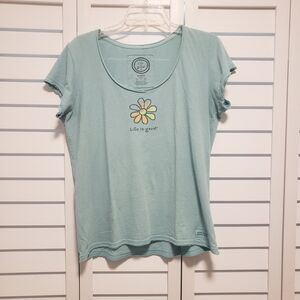 Life Is Good Women's T-Shirt Large Blue Daisy Floral Print Casual Top